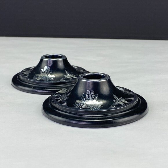 Vintage Harvite Black Silver Tone Inlayed Candle Holders - Picture 1 of 11